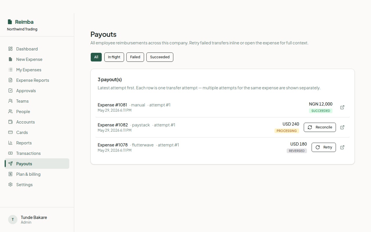Payouts screen in Reimba